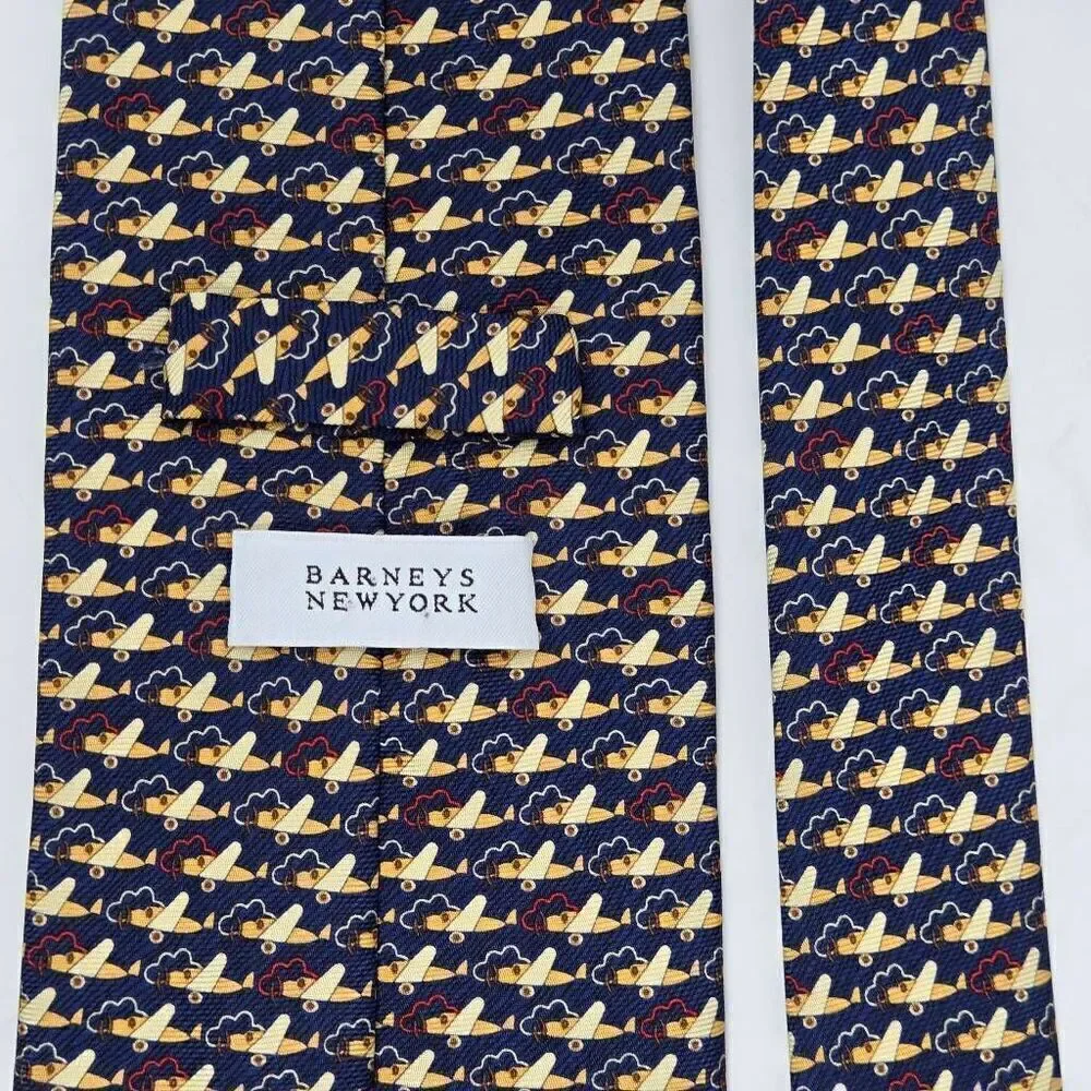 BARNEYS NEW YORK HAND MADE ITALY BLUE CREAM AIRPLANE FOULARD PRINT 3.75
